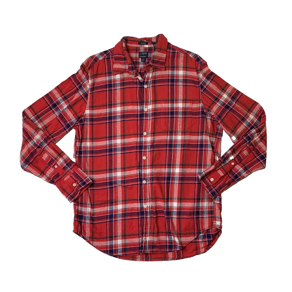 J Crew Shirt Mens L Large Classic Flannel Plaid Curved Shirttail Hem Button Up